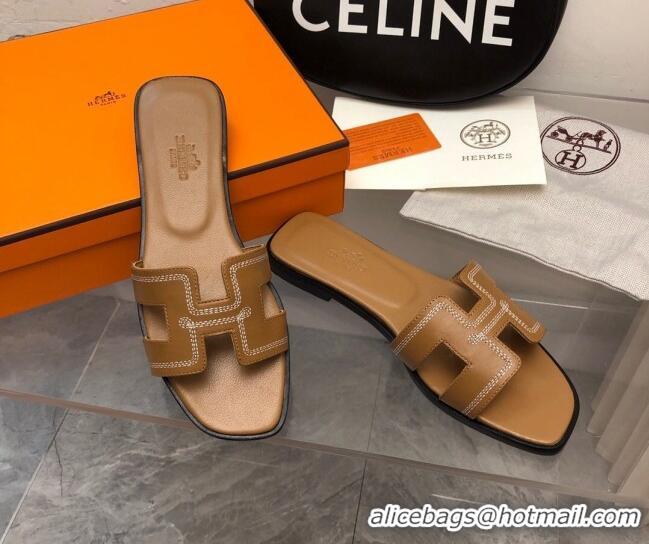 Cheap Price Hermes Classic Oran Flat Slide Sandals in Calfskin with Stripes Embroidery Brown 327003