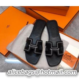 Big Discount Hermes Classic Oran Flat Slide Sandals in Calfskin with Stripes Embroidery Black 327004