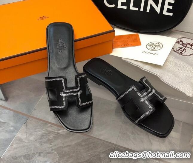 Big Discount Hermes Classic Oran Flat Slide Sandals in Calfskin with Stripes Embroidery Black 327004