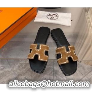 Stylish Hermes Classic Oran Flat Slide Sandals in Suede with Crystal Beads Brown 327005