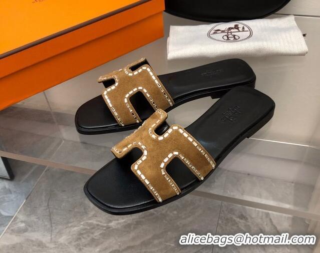 Stylish Hermes Classic Oran Flat Slide Sandals in Suede with Crystal Beads Brown 327005