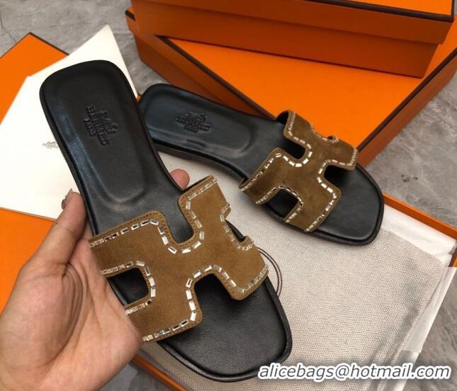 Stylish Hermes Classic Oran Flat Slide Sandals in Suede with Crystal Beads Brown 327005