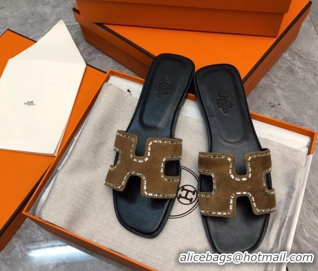 Stylish Hermes Classic Oran Flat Slide Sandals in Suede with Crystal Beads Brown 327005