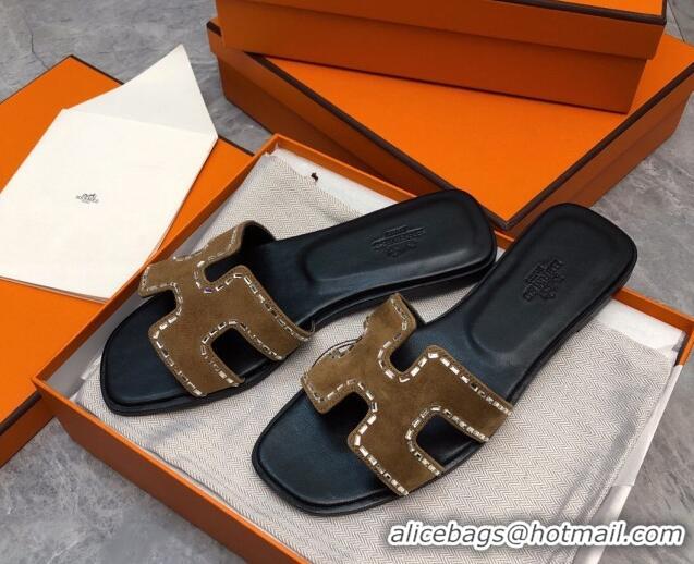 Stylish Hermes Classic Oran Flat Slide Sandals in Suede with Crystal Beads Brown 327005