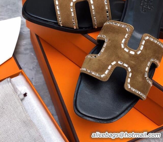 Stylish Hermes Classic Oran Flat Slide Sandals in Suede with Crystal Beads Brown 327005