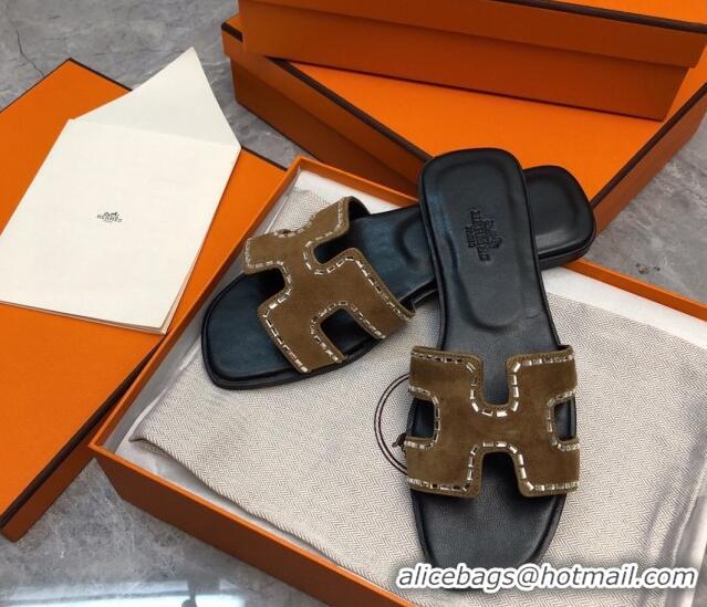 Stylish Hermes Classic Oran Flat Slide Sandals in Suede with Crystal Beads Brown 327005