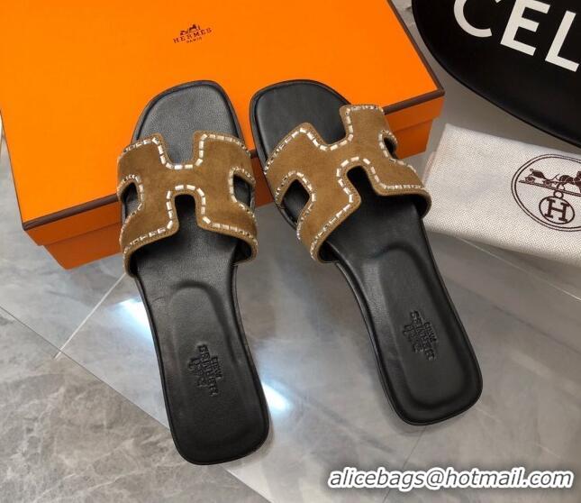 Stylish Hermes Classic Oran Flat Slide Sandals in Suede with Crystal Beads Brown 327005