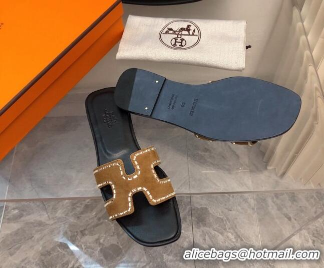 Stylish Hermes Classic Oran Flat Slide Sandals in Suede with Crystal Beads Brown 327005