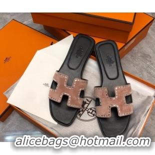 Popular Style Hermes Classic Oran Flat Slide Sandals in Suede with Crystal Beads Light Pink 327006