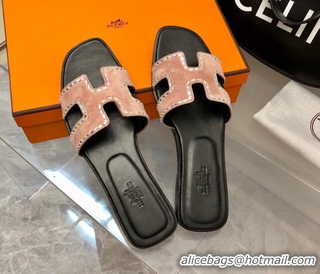 Popular Style Hermes Classic Oran Flat Slide Sandals in Suede with Crystal Beads Light Pink 327006