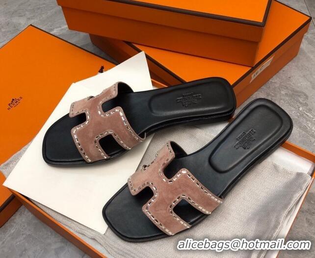 Popular Style Hermes Classic Oran Flat Slide Sandals in Suede with Crystal Beads Light Pink 327006