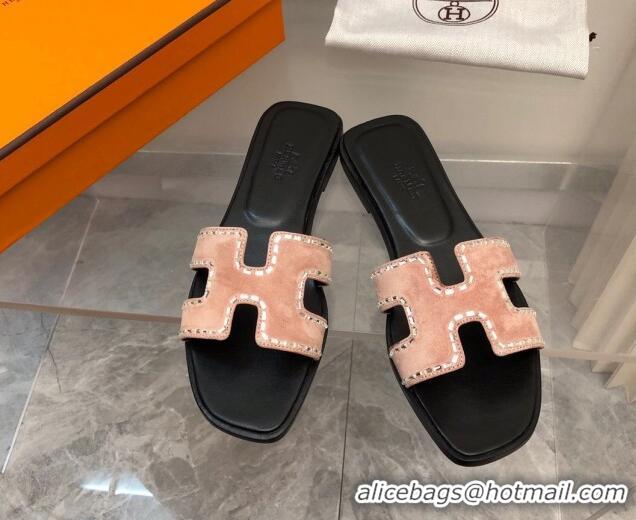 Popular Style Hermes Classic Oran Flat Slide Sandals in Suede with Crystal Beads Light Pink 327006