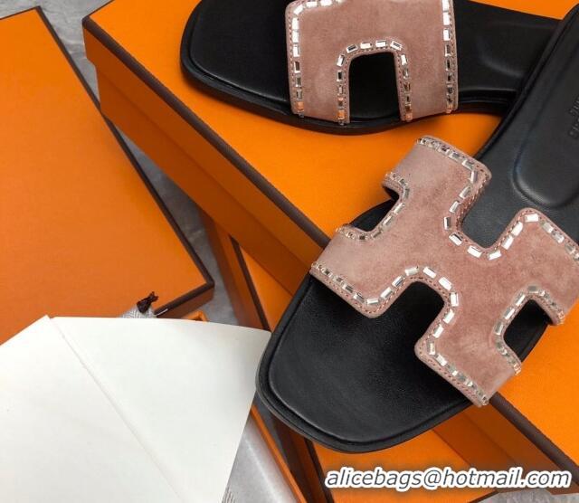 Popular Style Hermes Classic Oran Flat Slide Sandals in Suede with Crystal Beads Light Pink 327006