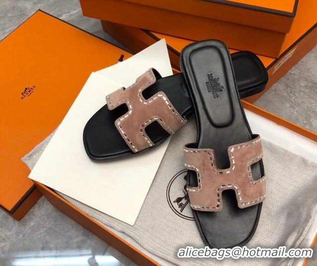 Popular Style Hermes Classic Oran Flat Slide Sandals in Suede with Crystal Beads Light Pink 327006