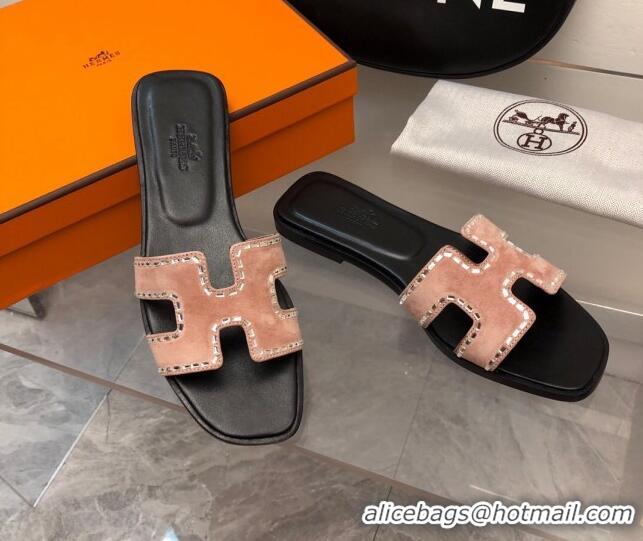 Popular Style Hermes Classic Oran Flat Slide Sandals in Suede with Crystal Beads Light Pink 327006