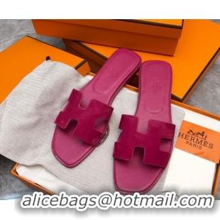 Classic Hot Hermes Classic Oran Flat Slide Sandals in Suede Fuchsia Pink 327007