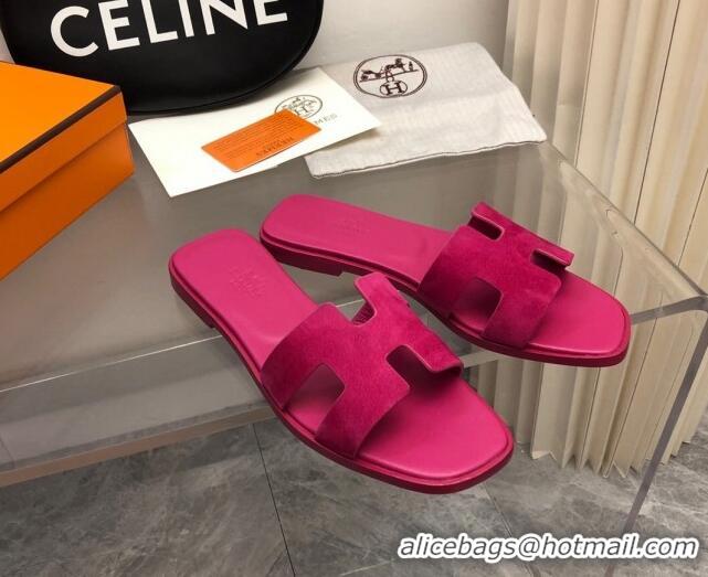 Classic Hot Hermes Classic Oran Flat Slide Sandals in Suede Fuchsia Pink 327007