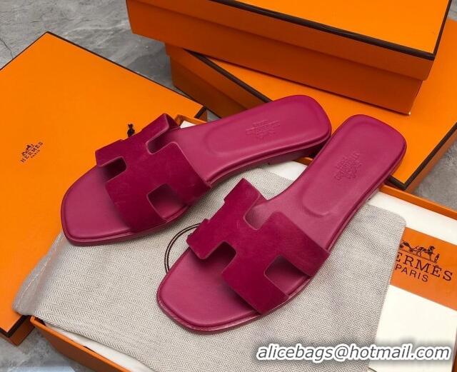 Classic Hot Hermes Classic Oran Flat Slide Sandals in Suede Fuchsia Pink 327007