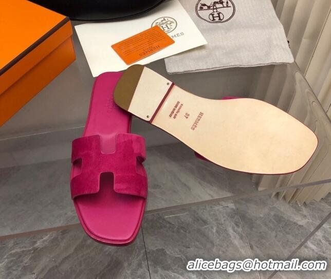 Classic Hot Hermes Classic Oran Flat Slide Sandals in Suede Fuchsia Pink 327007