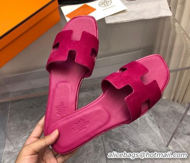 Classic Hot Hermes Classic Oran Flat Slide Sandals in Suede Fuchsia Pink 327007