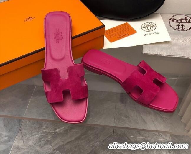 Classic Hot Hermes Classic Oran Flat Slide Sandals in Suede Fuchsia Pink 327007