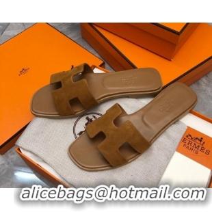 Good Quality Hermes Classic Oran Flat Slide Sandals in Suede Brown 327008