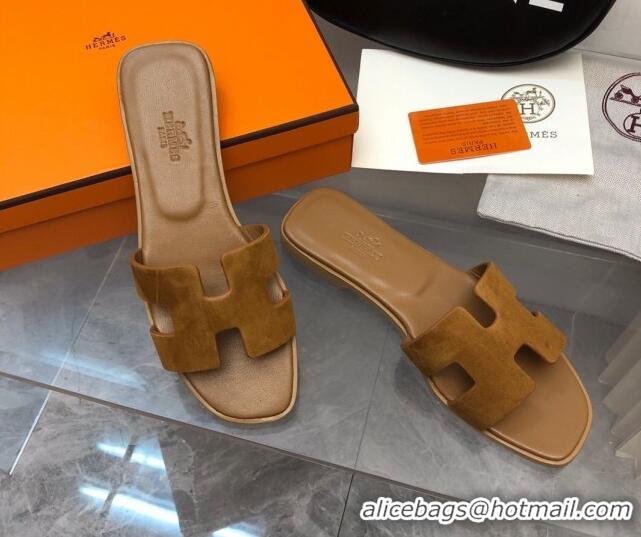 Good Quality Hermes Classic Oran Flat Slide Sandals in Suede Brown 327008