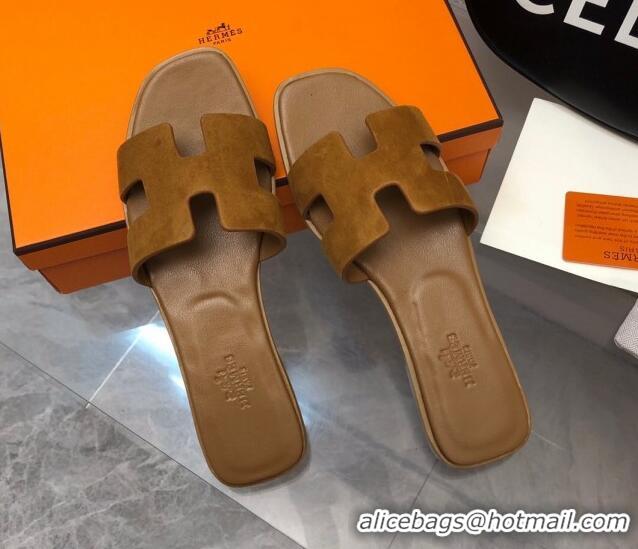 Good Quality Hermes Classic Oran Flat Slide Sandals in Suede Brown 327008