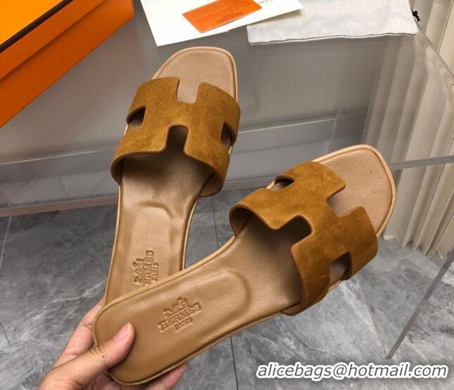 Good Quality Hermes Classic Oran Flat Slide Sandals in Suede Brown 327008