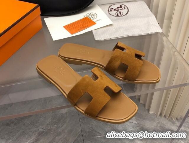 Good Quality Hermes Classic Oran Flat Slide Sandals in Suede Brown 327008