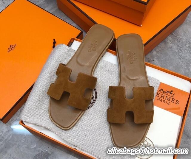 Good Quality Hermes Classic Oran Flat Slide Sandals in Suede Brown 327008