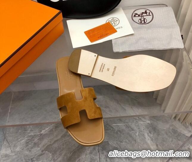 Good Quality Hermes Classic Oran Flat Slide Sandals in Suede Brown 327008