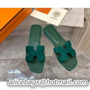 Charming Hermes Classic Oran Flat Slide Sandals in Suede Green 0327009