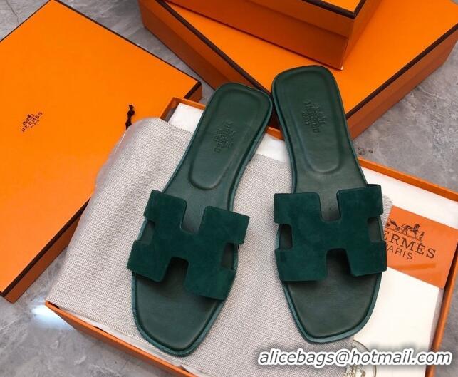 Charming Hermes Classic Oran Flat Slide Sandals in Suede Green 0327009