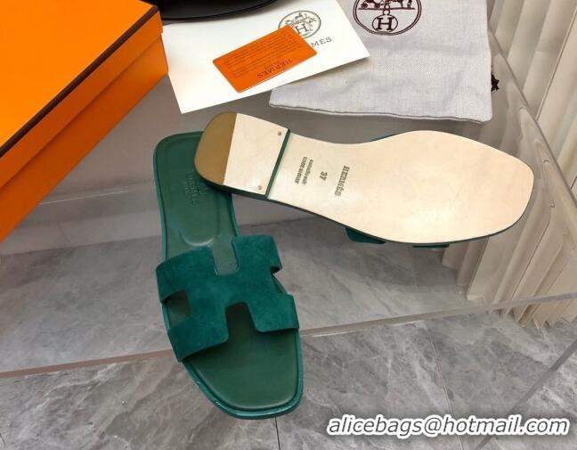 Charming Hermes Classic Oran Flat Slide Sandals in Suede Green 0327009