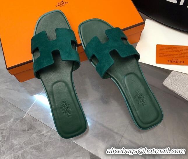 Charming Hermes Classic Oran Flat Slide Sandals in Suede Green 0327009