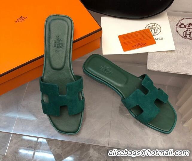 Charming Hermes Classic Oran Flat Slide Sandals in Suede Green 0327009