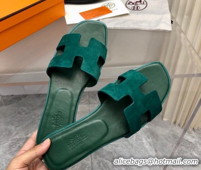 Charming Hermes Classic Oran Flat Slide Sandals in Suede Green 0327009