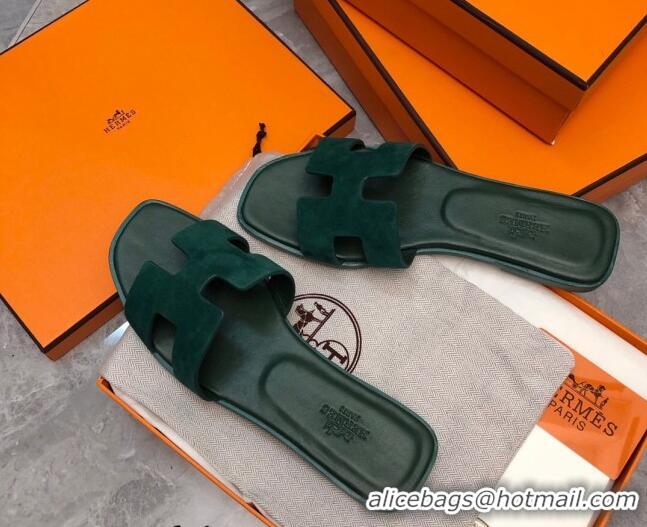 Charming Hermes Classic Oran Flat Slide Sandals in Suede Green 0327009