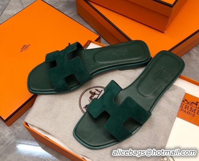 Charming Hermes Classic Oran Flat Slide Sandals in Suede Green 0327009