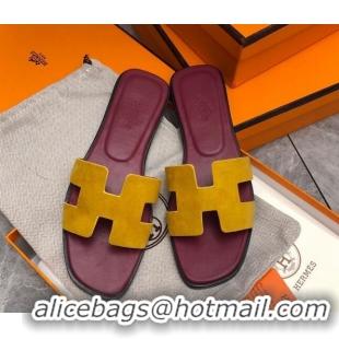 Sumptuous Hermes Classic Oran Flat Slide Sandals in Suede Yellow/Burgundy 0327010