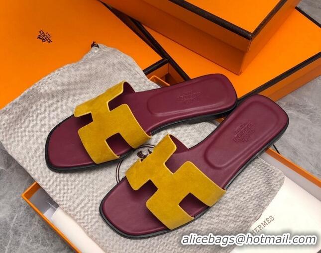 Sumptuous Hermes Classic Oran Flat Slide Sandals in Suede Yellow/Burgundy 0327010