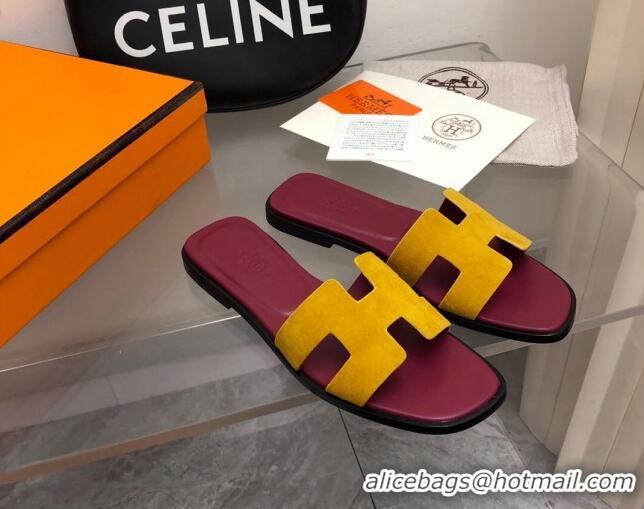 Sumptuous Hermes Classic Oran Flat Slide Sandals in Suede Yellow/Burgundy 0327010