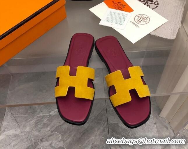 Sumptuous Hermes Classic Oran Flat Slide Sandals in Suede Yellow/Burgundy 0327010