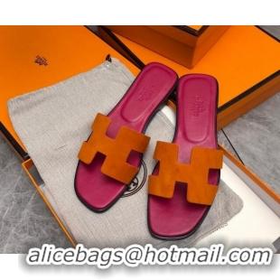 Sophisticated Hermes Classic Oran Flat Slide Sandals in Suede Orange/Pink 0327011