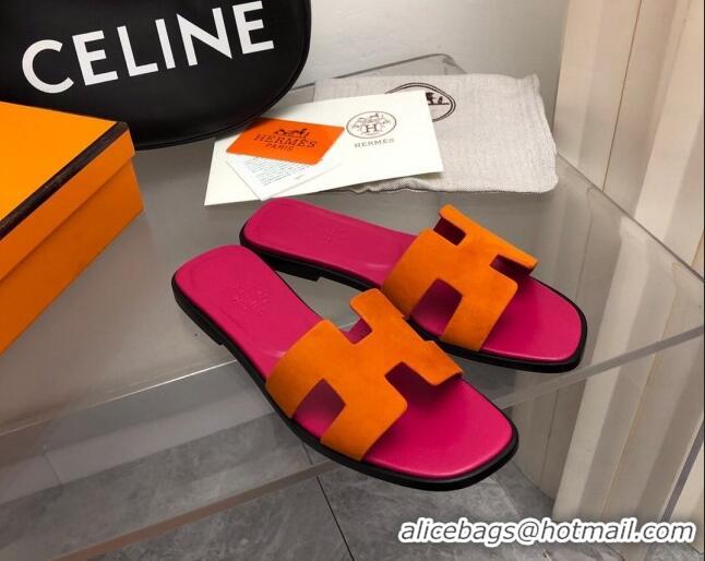 Sophisticated Hermes Classic Oran Flat Slide Sandals in Suede Orange/Pink 0327011