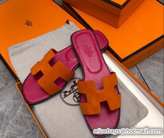 Sophisticated Hermes Classic Oran Flat Slide Sandals in Suede Orange/Pink 0327011