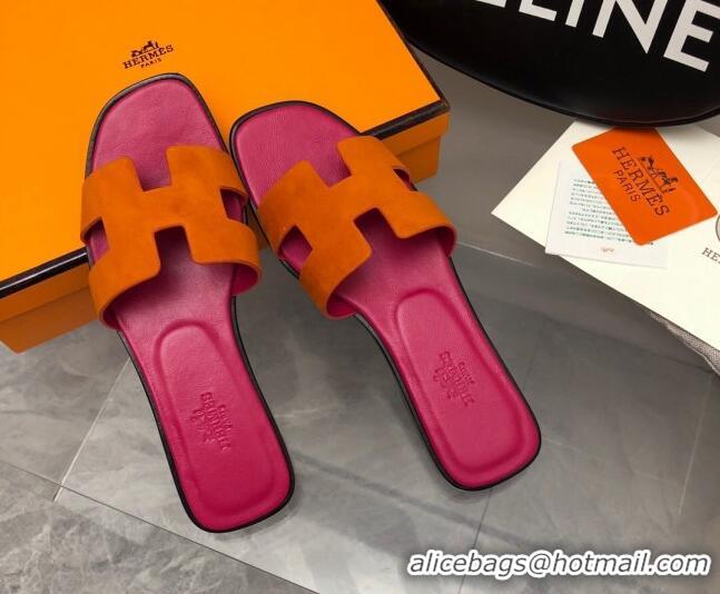 Sophisticated Hermes Classic Oran Flat Slide Sandals in Suede Orange/Pink 0327011