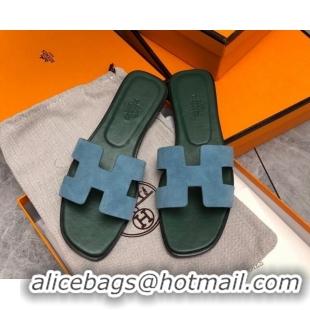 Stylish Hermes Classic Oran Flat Slide Sandals in Suede Blue/Green 0327012