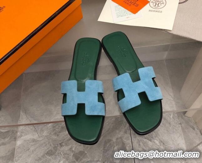 Stylish Hermes Classic Oran Flat Slide Sandals in Suede Blue/Green 0327012